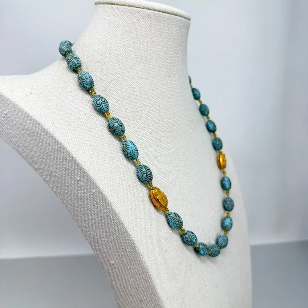 Vintage Egyptian‎ Revival Faience Ceramic Bead Gold Scarab Necklace